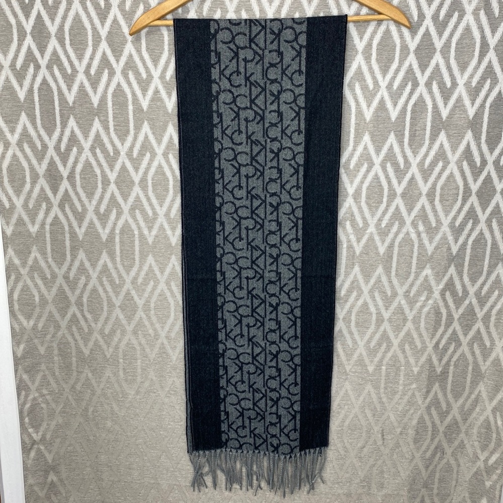 Calvin Klein Logo Scarf Black & Gray with Fringe Fall / Winter Weight